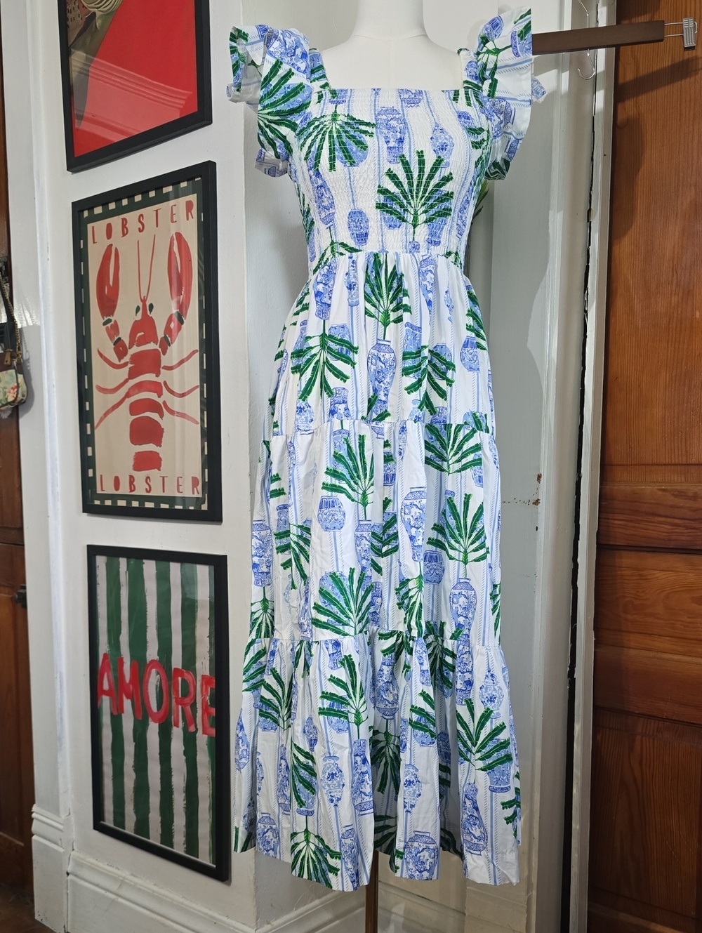 8 Oak Lane Ginger Jar Maxi Dress with Blue Pottery & Green Palm Print